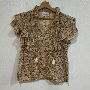 Cleobella Floral Ruffle Blouse in Cream and Brown